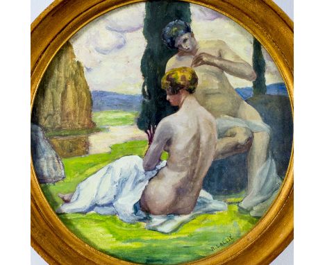 ARTIST: Robert Lallie (France, early 20 century)NAME: Two NudesMEDIUM: oil on boardCONDITION: Very good. No visible inpaint u