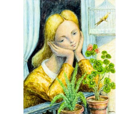 ARTIST: R Mora (Spanish, 1909 - ???)NAME: Woman at WindowMEDIUM: oil on canvasCONDITION: Very good. No visible inpaint under 