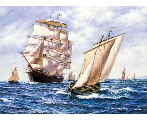 ARTIST: John Davis (American, 20 century)NAME: Boats at SeaMEDIUM: oil on canvasCONDITION: Very good. No visible inpaint unde
