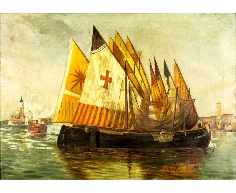 ARTIST: Eugene Meeks (New York,Italy, 1843 - 1916)NAME: Ship in Venice Grand CanalMEDIUM: oil on canvasCONDITION: One hole. S