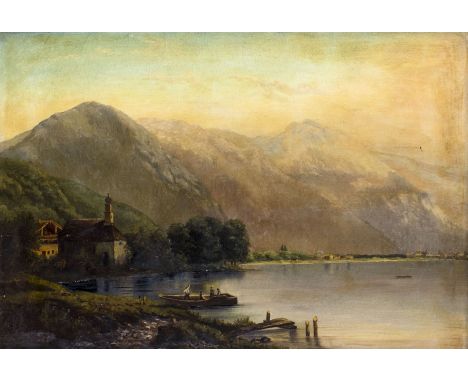 ARTIST: - (Europe, 19 century) NAME: Mountain Lake LandscapeMEDIUM: oil on canvasCONDITION: One T-shaped tear 3" total lenght