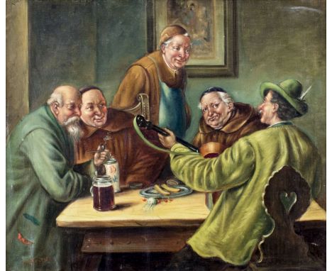 ARTIST: J Brade (American, mid 20 century)NAME: Tavern SceneMEDIUM: oil on canvasCONDITION: No visible inpaint under UV light