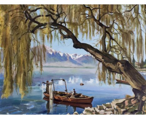 ARTIST: - (American, mid 20 century)NAME: Mountain Lake Landscape with FishermenMEDIUM: oil on boardCONDITION: Few nail holes