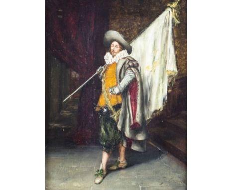 ARTIST: J Barrier (France, 19 century)NAME: Cavalier with FlagMEDIUM: oil on boardCONDITION: The board is warped. Normal wear