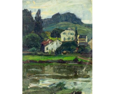 ARTIST: Otto Antoine (Germany, 1865 - 1951)NAME: River Landscape with CottagesMEDIUM: oil on canvasCONDITION: Canvas is unmou