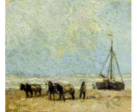 ARTIST: Anthonij Rudolf Mauve (Netherlands, 1838 - 1888)NAME: Beach Scene with Fishing BoatMEDIUM: oil on boardCONDITION: Ver