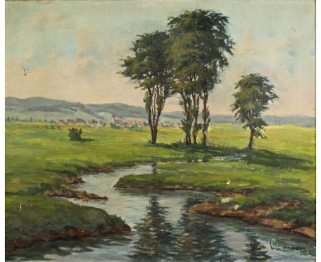 ARTIST: Willi Geiger (Germany, 1878 - 1971)NAME: Landscape - SchwalmMEDIUM: oil on canvasCONDITION: One small hole. Minor fla