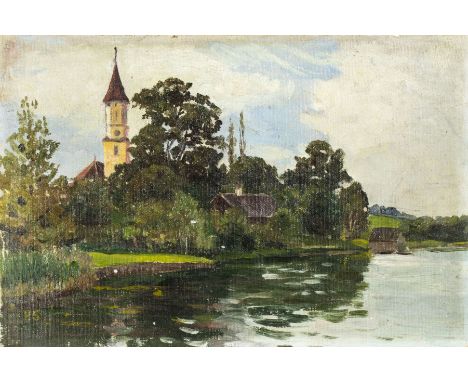 ARTIST: - (Germany, early 20 century)NAME: River LandscapeMEDIUM: oil on canvasCONDITION: Canvas is unstretched (In-House str