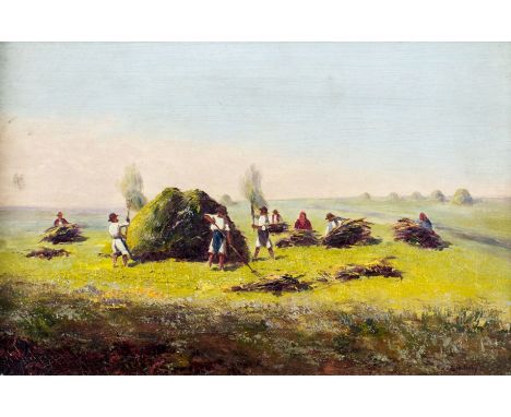 ARTIST: B Zubriczky (Hungarian, 1852 - ?)NAME: Harvest SceneMEDIUM: oil on canvasCONDITION: Some craquelure. No visible inpai