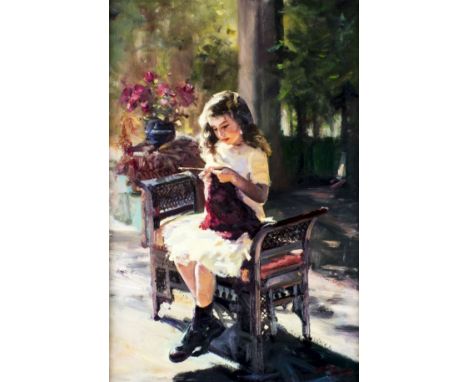 ARTIST: - (American, 20/21 century)NAME: Little Girl KnittingMEDIUM: oil on canvasCONDITION: Very good. No visible inpaint un
