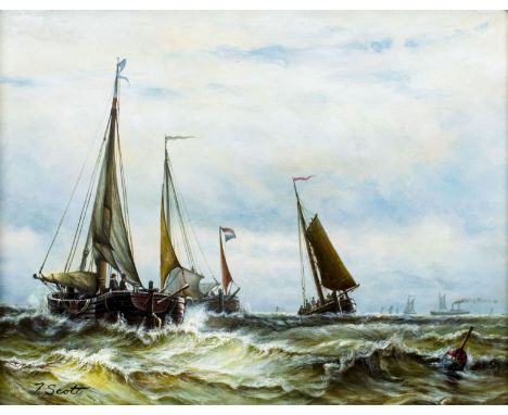 ARTIST: Thomas Scott (American, 20 century)NAME: Fishing Boats at SeaMEDIUM: oil on canvasCONDITION: Very good. No visible in