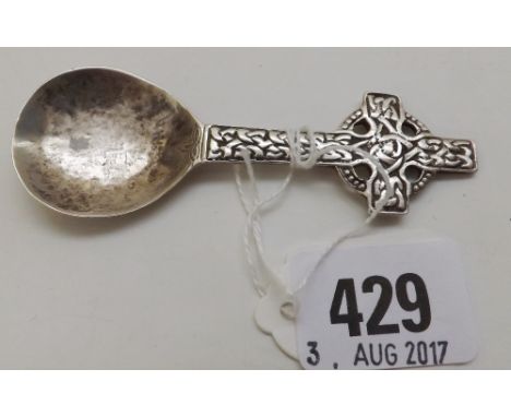 A caddy spoon with Celtic cross terminal 3.5" long Lon mod  by S & Co  12g       