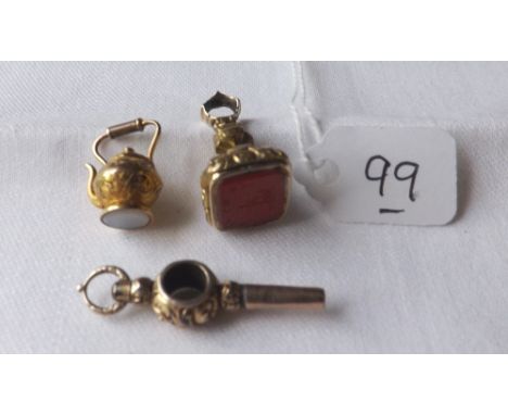 Two gilt stone set fob seals and a watch key    