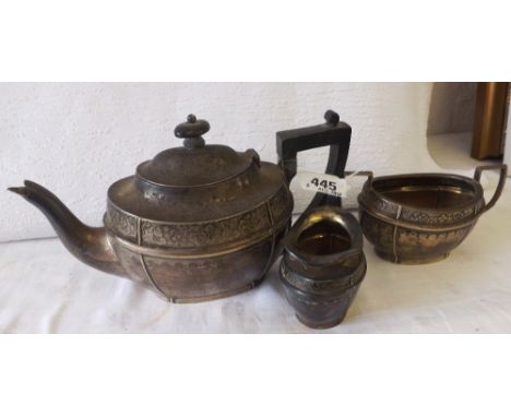 A bachelor’s three-piece tea service floral engraved 8" over handle Lon 1902 by GJ & DF 505g    