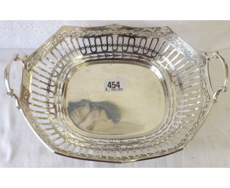 GOOD QUALITY DESSERT DISH THE BOAT shaped body scroll & bar pierced and raised on four bracket feet 10" over loop handles She