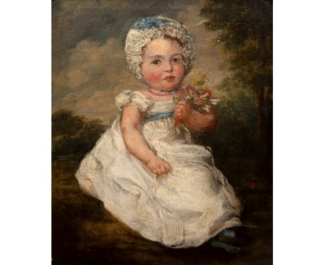 Continental School, early 19th Century Portrait of a young child wearing lace bonnet, white frock and holding a posy of flowe