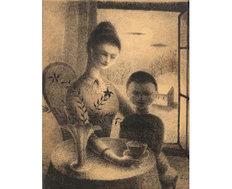 Manner of Georges Seurat Mother and child monochrome print on laid paper 24 x 18.5cm.