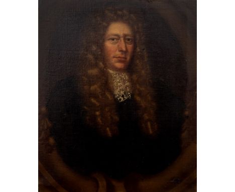 17TH CENTURY ENGLISH SCHOOL Portrait of a gentleman wearing a long curly wig and lace cravat within an oval cartouche, oil on
