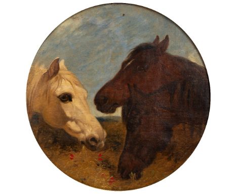 Follower of John Frederick Herring (1795-1865) Three horses grazing oil on canvas laid onto panel 35cm tondo. 