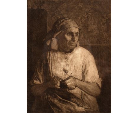 Charles March Gere (1869-1957) "Knitting" after Edward R. Taylor stamped with South Kensington Schools Seal mezzotint 18.5 x 