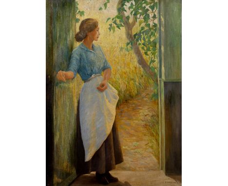 O. Howey Full length portrait of a farm hand at an open door drenched in sunlight, 1898 signed and dated oil on canvas 100 x 