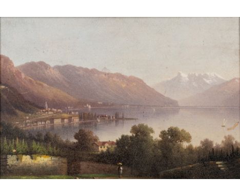 20th Century Swiss School Lake Geneva oil on panel 11.5 x 17cm.