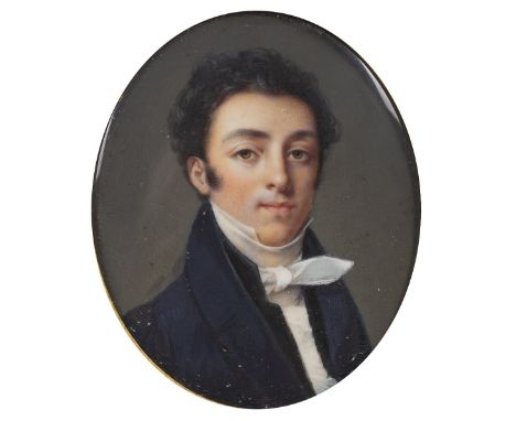 French School, early 19th Century Portrait of a gentleman with black curly hair, wearing white stock, necktie and dark blue j