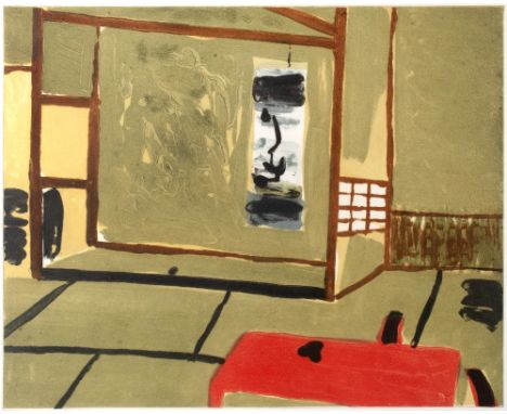 Elizabeth Blackadder (b.1931) Kyoto with red lacquer table 37/40, signed and numbered in pencil (in the margin) etching and a