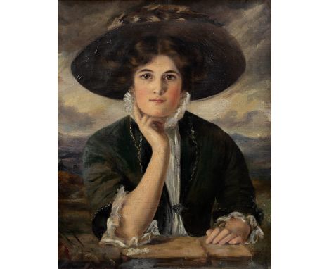 A.P Rothwell  Portrait of a lady at a table in a landscape, her right arm raised to her chin and wearing a bonnet signed and 
