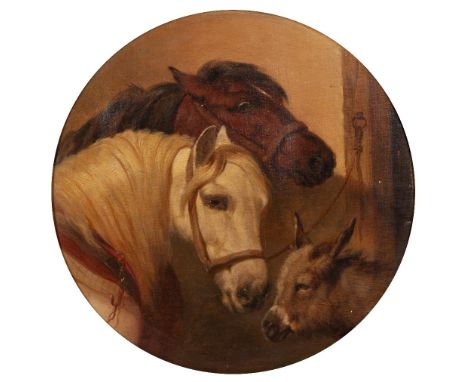 Follower of John Frederick Herring (1795-1865) Two horses &amp; a mule at a stable door oil on canvas laid onto panel 35cm to