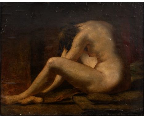 Attributed to William Etty (1787-1849) A seated nude oil on panel 35 x 43cm, giltwood frame carved &amp; pierced with scrolls