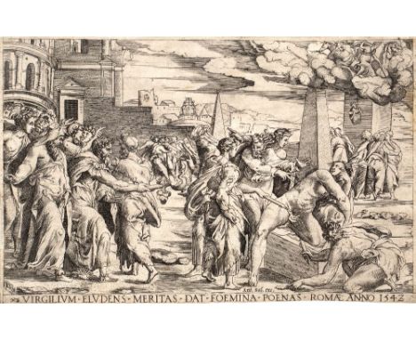 Enea Vico (1523-1567) "Virgilium Elvdens Meritas dat foemina poenas Romae" etching published by Antonio Salamanca 17 x 27cm. 
