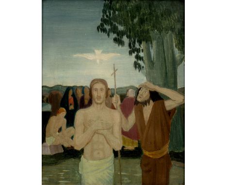 Margaret Gere (1878-1965) "The Baptism of  Christ", 1924 signed and dated (lower right) oil on board 23.8 x 18.5cm. Exhibited