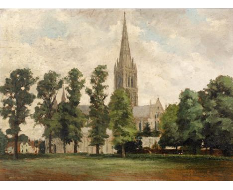 John Alford (1929-1960) Salisbury Cathedral, 1952 signed and dated oil on panel  43 x 58cm.
