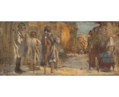 Cesare Ciani (1854-1925) FIgures in an Italian street signed oil on panel 8 x 17cm.