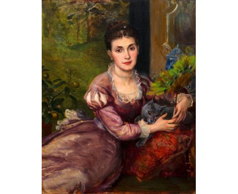 English School, late 19th Century Portrait of a lady in an interior with Persian blue cat oil on canvas 61 x 48cm.