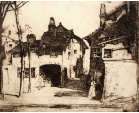 David Young Cameron (1865-1945) Figures outside a town building Signed in pencil (in the margin) etching 18 x 23cm.