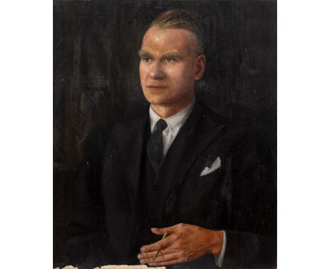 Hilda Davis (20th Century) Portrait of Robert Allen Fitzsimons, well dressed in a suit and holding a pen, 1943 signed and dat