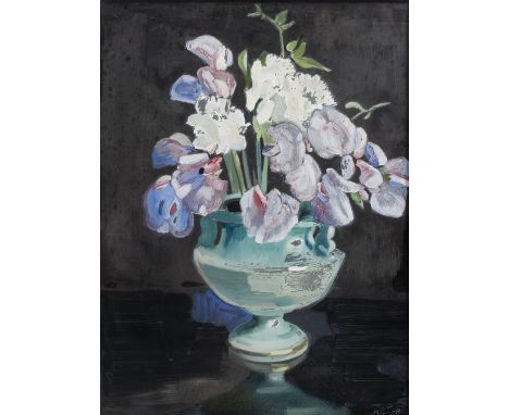 Margaret Gere (1878-1965) "Pinks and Sweet Peas" signed (lower right), inscribed (to label on reverse) oil on glass 22 x 16.5