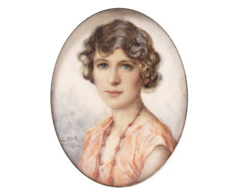 C * KIRK Head and shoulders portrait of a lady wearing a sleeveless dress and coral necklace, signed and dated 1926, on ivory