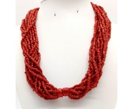 A Vintage Fifteen-Row Coral Beaded Necklace. 42cm. 