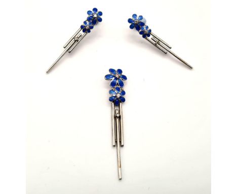 STERLING SILVER WITH BLUE ENAMEL AND DIAMONDS DROP PENDANT AND EARRINGS. (EARRINGS NEED BACKS) 4.8G. 
