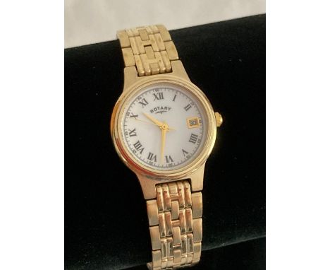 Ladies ROTARY Quartz wristwatch model LBO3049. Finished in gold tone with clear white face and black Roman numerals, having g