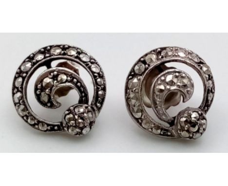 Ladies Vintage Silver Marcasite Swirl Style Stud Earrings 12mm Diameter 