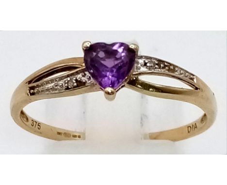 9K YELLW GOLD DIAMOND &amp; HEART AMETHYST RING. 1.5G SIZE U 
