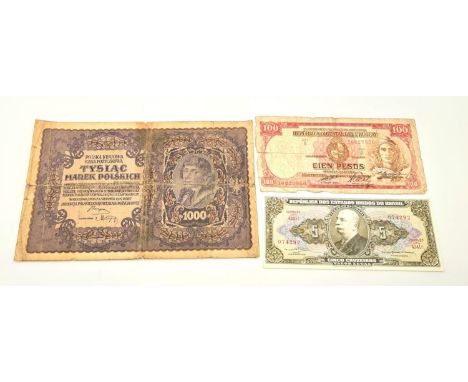 Parcel of 3 Vintage Scarce Notes to include 1919 Dated Polska Krajowa 1000 note, Republic Oriental Del Uruguay 100 Peso Note 