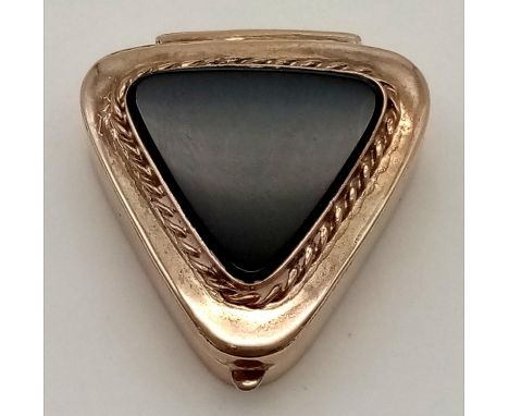 A Vintage Solid Silver Onyx Triangle Pill Box - In the form of a Pendant. 3cm. 15.1g total weight. 