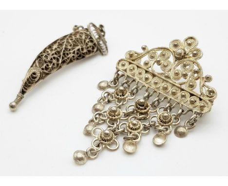 Two Vintage or Antique Silver Filigree Brooches I X Pendant Style 5cm Drop and 1 X Dagger and Sheath 4cm Wide Style. 