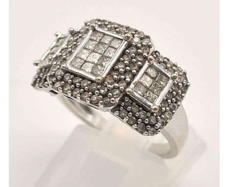 18K WHITE GOLD DIAMOND SET FANCY CLUSTER RING 7G 1CT SIZE L 