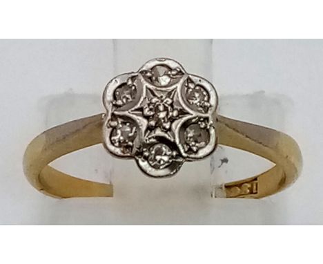 18K YELLOW GOLD &amp; PLATINUM VINTAGE DIMAOND FLOWER CLUSTER RING. 0.10CT SIZE I 1.8G 